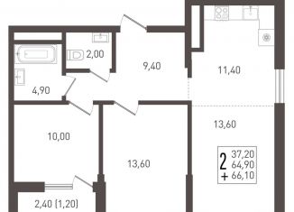 Продажа двухкомнатной квартиры, 66.1 м2, Краснодар