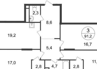 3-комнатная квартира на продажу, 91.2 м2, Московский, 7-я фаза, к2