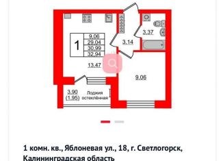 Продам 1-комнатную квартиру, 31 м2, Светлогорск, Молодёжная улица