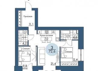 Продается 3-ком. квартира, 72.6 м2, Красноярский край