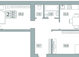 Продажа 2-комнатной квартиры, 56.7 м2, поселок городского типа Стройкерамика
