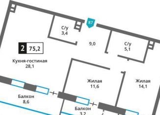 Продаю 2-ком. квартиру, 75.2 м2, деревня Марьино, Родниковая улица