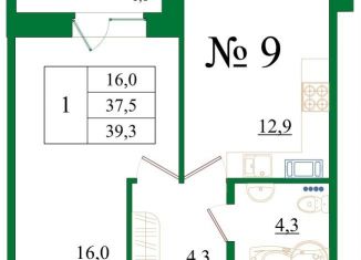 1-комнатная квартира на продажу, 39.3 м2, Ленинградская область