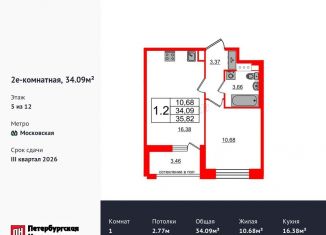 1-комнатная квартира на продажу, 34.1 м2, Санкт-Петербург, метро Ленинский проспект, Кубинская улица, 78к2