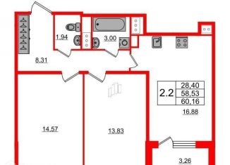 Продажа 2-ком. квартиры, 58.5 м2, Санкт-Петербург, 1-й Предпортовый проезд, 1, 1-й Предпортовый проезд