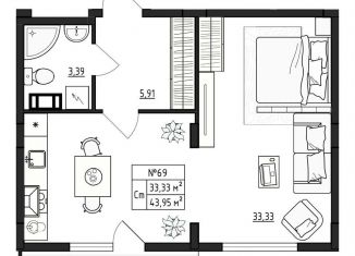 Продажа 1-ком. квартиры, 44 м2, деревня Малое Верево