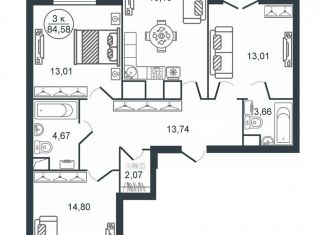 Продается трехкомнатная квартира, 84.6 м2, Тверь, Московский район