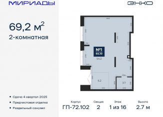 Продается 2-ком. квартира, 69.2 м2, Тюмень