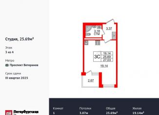 Продажа квартиры студии, 25.6 м2, посёлок Стрельна