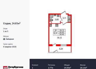 Продается квартира студия, 24.8 м2, Санкт-Петербург, муниципальный округ Пулковский Меридиан