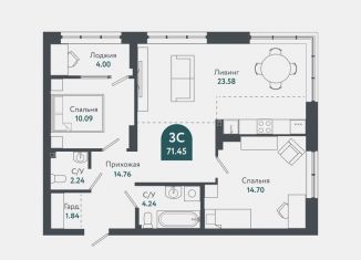 Продам 2-комнатную квартиру, 71.8 м2, Новосибирск, Военная улица, 51, ЖК Тихомиров