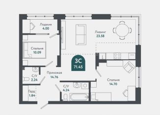 Продам 2-ком. квартиру, 71.8 м2, Новосибирск, Военная улица, 51, ЖК Тихомиров