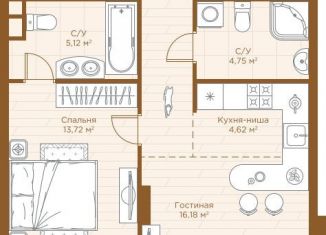 Продам квартиру со свободной планировкой, 59.9 м2, Казань