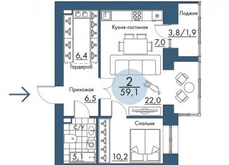 Продажа 2-ком. квартиры, 59.1 м2, Красноярский край