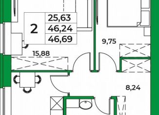 Продаю 2-ком. квартиру, 46.7 м2, Республика Башкортостан