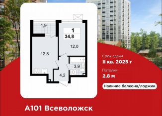 Продажа 1-комнатной квартиры, 34.8 м2, Ленинградская область, ЖК А101 Всеволожск, 3.2
