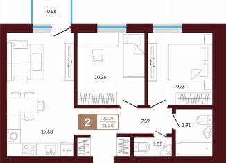 Продажа 2-комнатной квартиры, 51.3 м2, село Акбердино