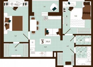 Продается 3-комнатная квартира, 55 м2, Тула