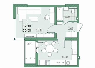 Продажа 1-комнатной квартиры, 32.1 м2, Саратов, проспект Героев Отечества, 3, ЖК Мята