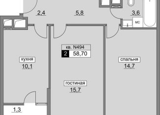 Двухкомнатная квартира на продажу, 59 м2, поселение Московский, ЖК Румянцево-Парк, Родниковая улица, 30к3