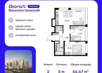 Двухкомнатная квартира на продажу, 54.7 м2, Санкт-Петербург, Василеостровский район