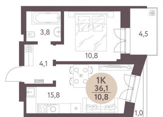 Продаю 1-комнатную квартиру, 36.1 м2, Новосибирская область