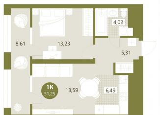 Продажа 1-комнатной квартиры, 51.3 м2, Тюмень, Центральный округ