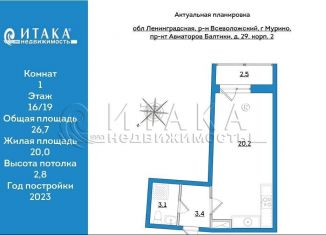 Продаю квартиру студию, 26.7 м2, Мурино, ЖК Авиатор, проспект Авиаторов Балтики, 29к2