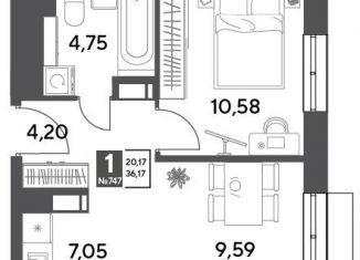 Продается 1-комнатная квартира, 36.2 м2, Московская область