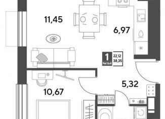 Продам однокомнатную квартиру, 38.4 м2, Московская область