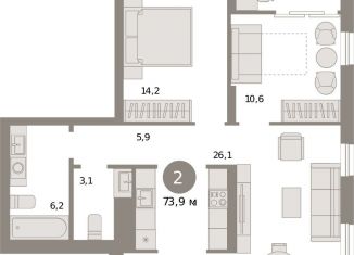 2-ком. квартира на продажу, 73.9 м2, Екатеринбург, улица Пехотинцев, 2Г, улица Пехотинцев