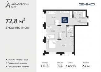 Продается 2-ком. квартира, 72.8 м2, Тюмень