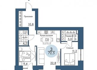 Продажа 3-комнатной квартиры, 72.5 м2, Красноярский край