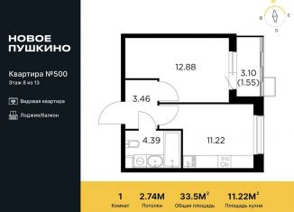 1-ком. квартира на продажу, 33.5 м2, Московская область, микрорайон Новое Пушкино, к27