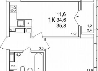 Продам однокомнатную квартиру, 35.8 м2, деревня Анкудиновка, ЖК КМ Анкудиновский Парк