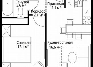 Однокомнатная квартира на продажу, 36.5 м2, деревня Сапроново, микрорайон Купелинка, 7, ЖК Эко Видное 2.0