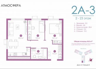 Продажа двухкомнатной квартиры, 53.8 м2, Астрахань, улица Бехтерева, 12/4, ЖК Атмосфера