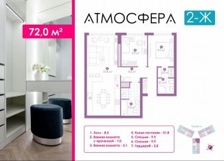 2-комнатная квартира на продажу, 72 м2, Астрахань, улица Бехтерева, 12/4, ЖК Атмосфера