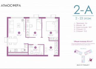 2-комнатная квартира на продажу, 52.4 м2, Астрахань, улица Бехтерева, 12/4, ЖК Атмосфера