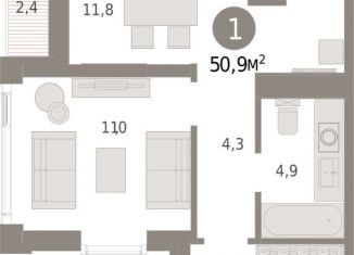 Продам однокомнатную квартиру, 50.9 м2, Тюмень, Мысовская улица, 26к2