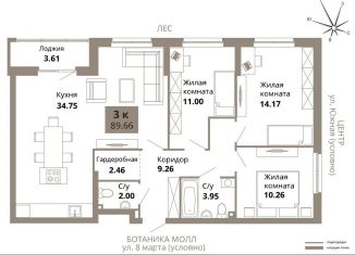 Продажа 3-ком. квартиры, 89.7 м2, Екатеринбург, улица 8 Марта, 204