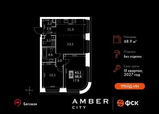 Продается 3-ком. квартира, 68.9 м2, Москва, 3-й Хорошёвский проезд, 3Ас17, ЖК Хорошёвский