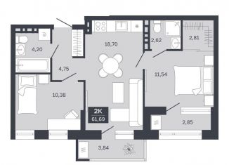 Продаю 2-комнатную квартиру, 55 м2, Тюменская область, улица Луначарского, 18Ас2