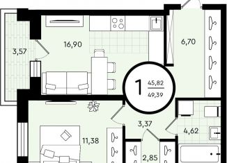 1-ком. квартира на продажу, 49.4 м2, Тюмень, ​улица Александра Звягина, 3