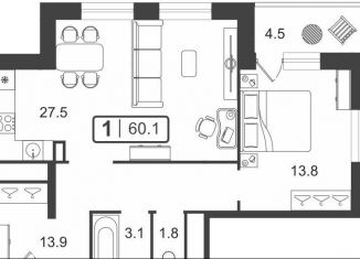 Продажа 1-ком. квартиры, 60.1 м2, Тюмень, Центральный округ, улица Мельникайте, 2к19