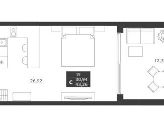 Продается квартира студия, 43.3 м2, село Виноградное, улица Сусловой, 3