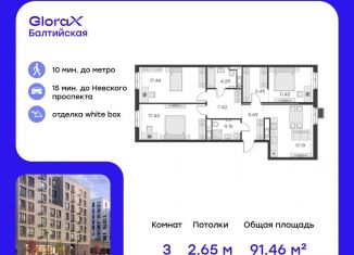 Продается трехкомнатная квартира, 91.5 м2, Санкт-Петербург, улица Шкапина, 43-45, метро Балтийская