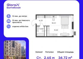 Квартира на продажу студия, 34.7 м2, Санкт-Петербург, метро Нарвская, улица Шкапина, 43-45