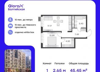 Продается 1-комнатная квартира, 45.5 м2, Санкт-Петербург, улица Шкапина, 43-45, муниципальный округ Екатерингофский