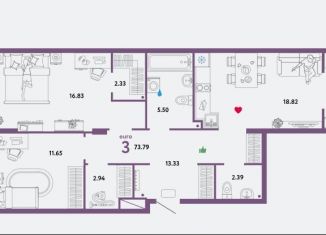 Продам трехкомнатную квартиру, 73.8 м2, Тюмень, ЖК Колумб, улица Первооткрывателей, 14